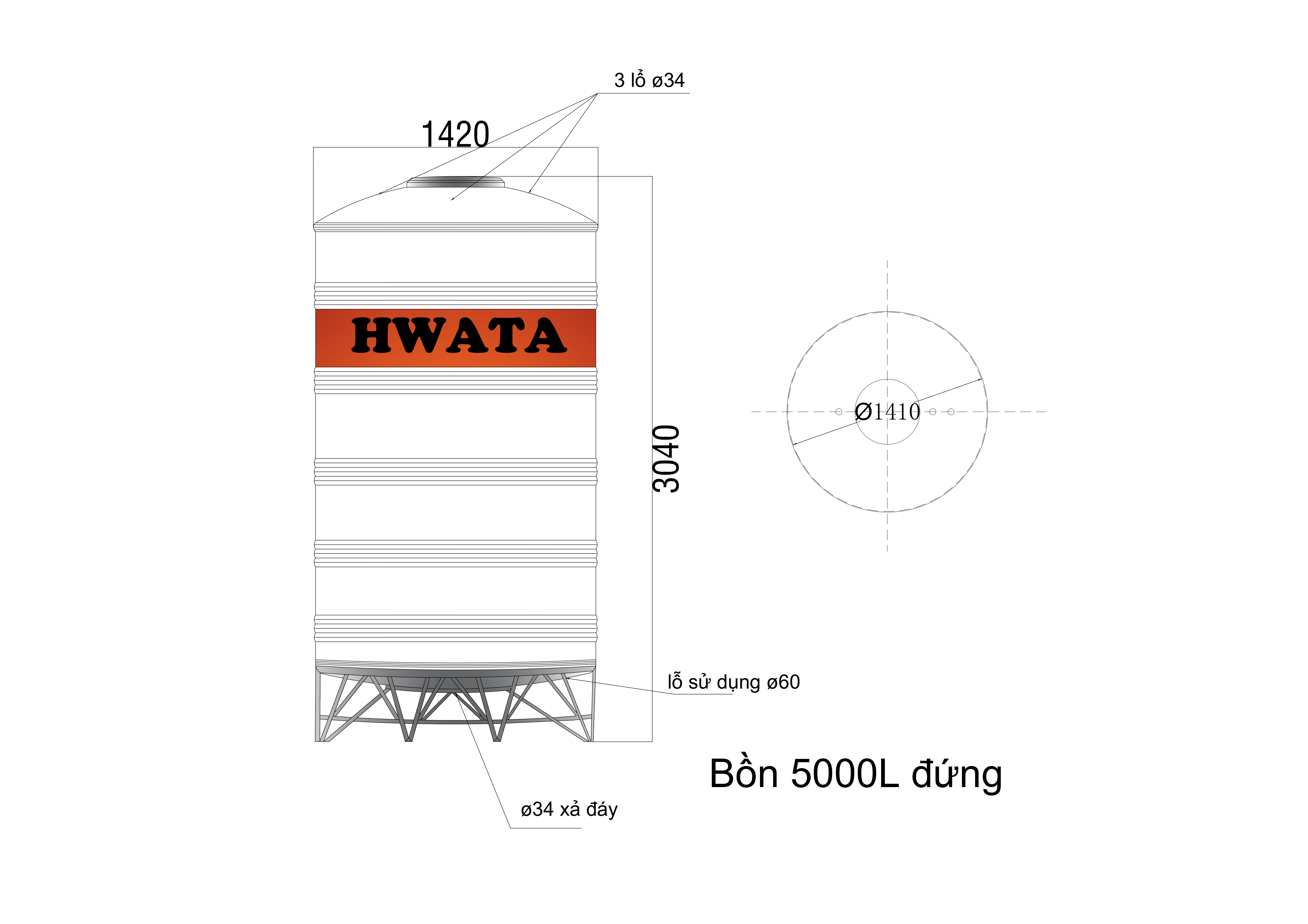 Bản vẽ kỹ thuật Bồn Nước Inox Hwata 5000L Đứng H5000D Bản vẽ kỹ thuật Bồn Nước Inox Hwata 5000L Đứng H5000D